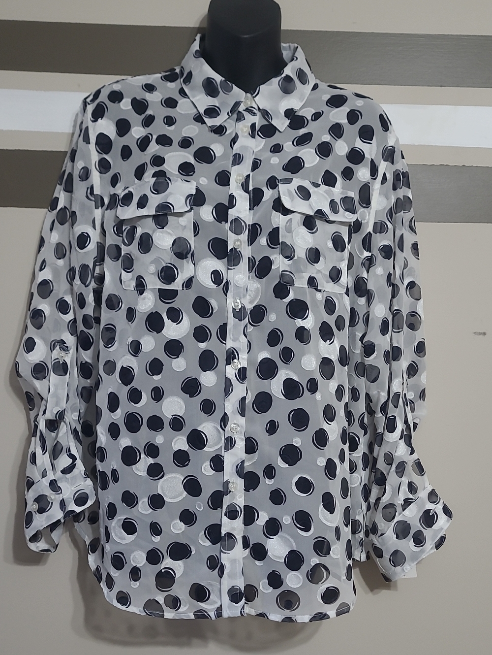 NWT TanJay Black & White Textured Polka-Dot Sheer Long-Sleeve Blouse Sz 16P